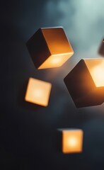 Floating geometric shapes illuminated by soft light against a dark background create an atmospheric visual effect