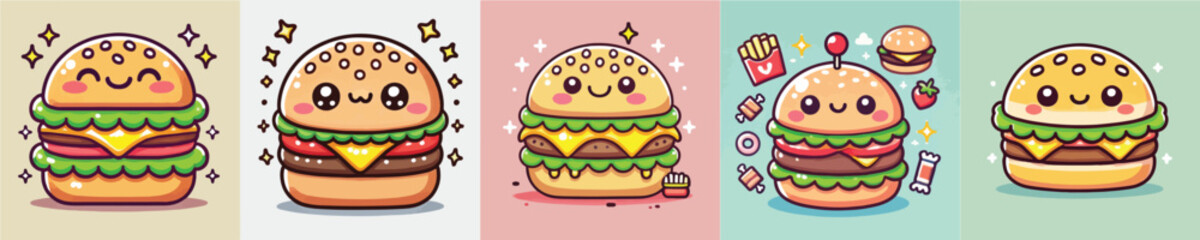 PrintCollection of vector illustrations of smiling burgers