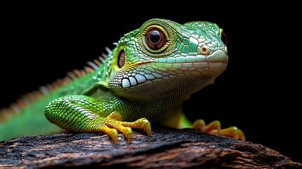 Obraz premium Vibrant Green Lizard Perched on Dark Wood