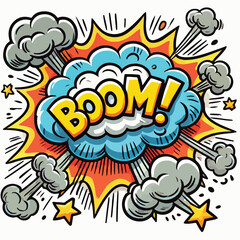 Cartoon comic sign burst cloud. Speech bubble, boom sign expression and   on a white background