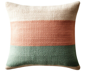 Woven cushion with coral and green stripes adds cozy texture to home decor