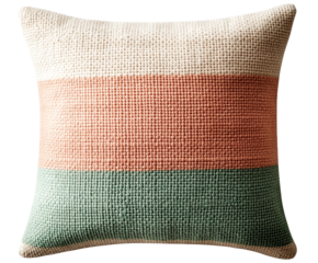 Woven cushion with coral and green stripes adds cozy texture to home decor