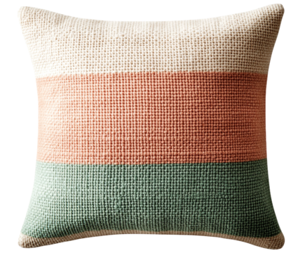 Woven cushion with coral and green stripes adds cozy texture to home decor