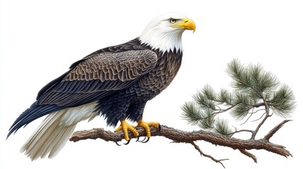 Naklejka premium A detailed illustration of a bald eagle perched on a branch with pine needles.