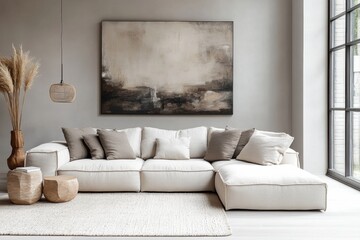 Spacious minimalist home interior design featuring cozy sofa and artistic wall decor modern living room bright natural light elegant aesthetic