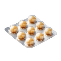 Blister pack of round yellow pills, cut out and isolated on a transparent background. Suitable for pharmaceutical, medical, and healthcare concepts.