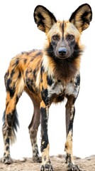 A close-up of a wild dog with distinctive fur patterns and alert expression.