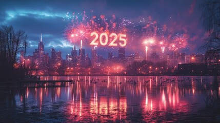 A city skyline at night with colorful fireworks exploding in the sky