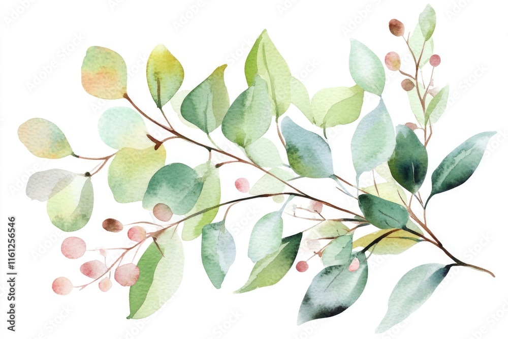 Poster a whimsical illustration of a tree branch adorned with leaves and berries