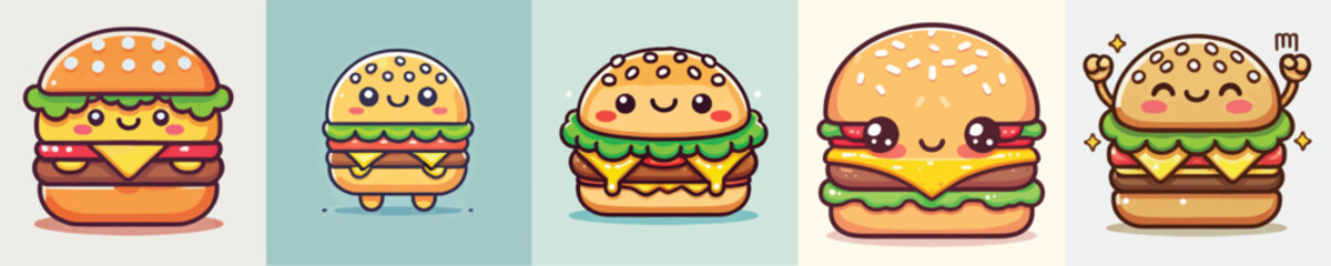 PrintCollection of vector illustrations of smiling burgers