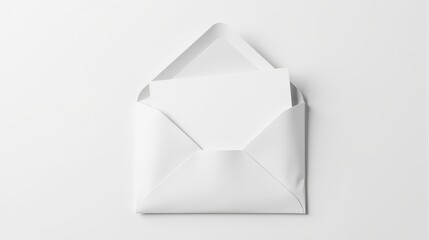 White envelope with a blank card peeking out on a clean white surface, symbolizing communication, simplicity, and minimalism