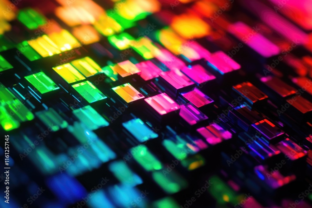 Poster a close-up view of a vibrant computer keyboard with variously colored keys and a detailed background