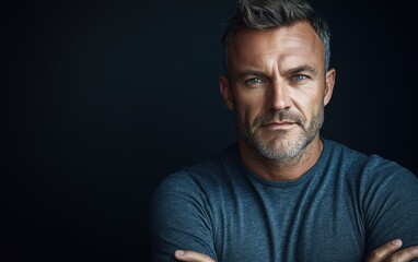 Obraz premium A mature man in his 40s with the first signs of crow's feet stands confidently against a dark background with dramatic lighting, his expression calm