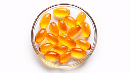 Fototapeta premium Isolated Bowl of Omega 3 Gold Fish Oil Gel Capsules