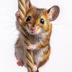 Obraz premium A cute mouse clinging to a rope, showcasing its playful nature and detailed fur patterns.