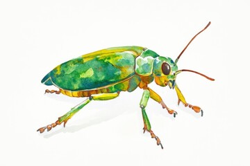 Watercolor illustration of a small green insect