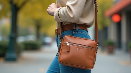 A woman holds a stylish brown leather crossbody bag while walking in an urban setting, wearing casual blue jeans and a brown blazer