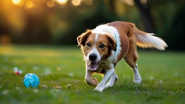 A joyful dog running in the grass, chasing a ball, highlighted by warm sunlight, capturing a playful moment in nature.