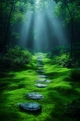 Fototapeta premium Photo réaliste d’une forêt verdoyante, où des rayons de soleil filtrent à travers la canopée épaisse et illuminent un chemin sinueux recouvert de mousse, créant une ambiance paisible et naturelle