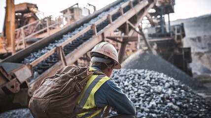 Fototapeta premium A miner crouching near a conveyor belt sorting raw stones, their back visible with machinery in the background