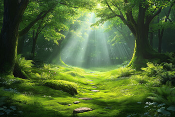 Photo réaliste d’une forêt verdoyante, où des rayons de soleil filtrent à travers la canopée épaisse et illuminent un chemin sinueux recouvert de mousse, créant une ambiance paisible et naturelle