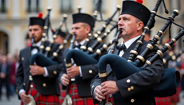 Bagpipers wearing traditional attire performing for St. Patrick's Day celebration, outdoor event, copy space