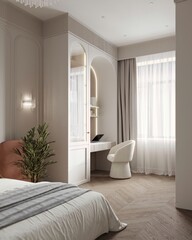 Bedroom in pastel tone peach bed furniture and accents pillows. Modern luxury room interior home or hotel design. Empty beige paint wall for art. Apricot crush.3d render