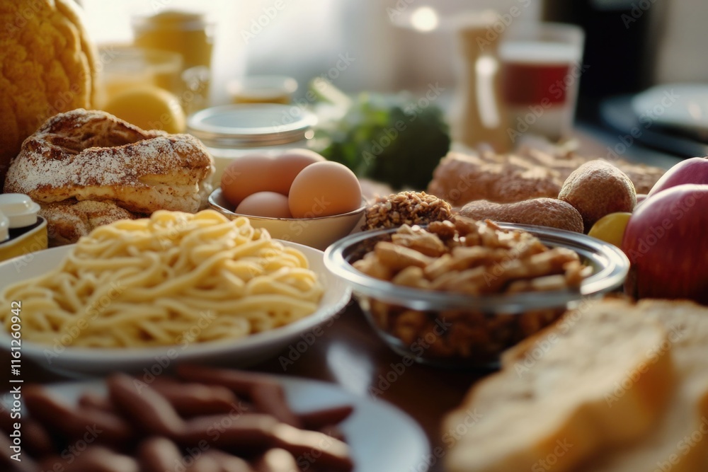 Poster a wooden table set with plates of various foods, ideal for use in editorial or commercial contexts