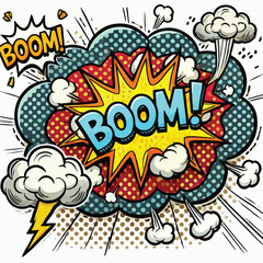 Cartoon comic sign burst cloud. Speech bubble, boom sign expression and   on a white background