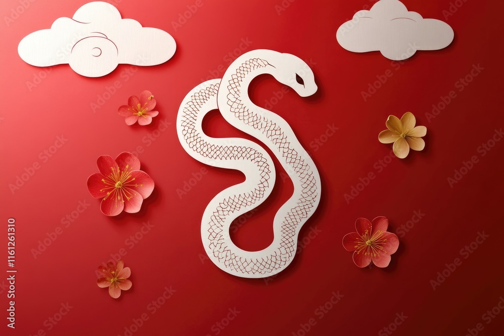 Poster a snake made from paper cuts surrounded by flowers on a red background