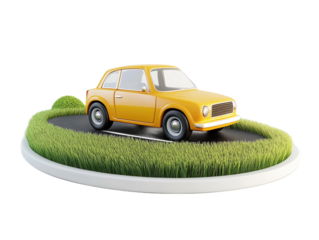 Bright yellow car on a children's road surrounded by lush green grass against a clean white backdrop