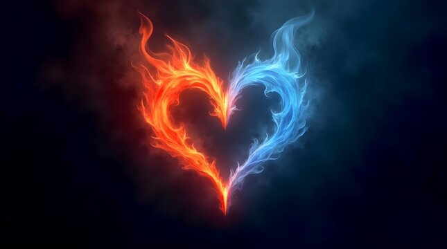 twin flame concept of one red and one blue flame connected as a heart