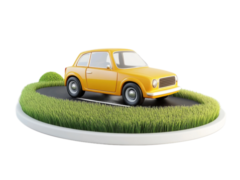 Bright yellow car on a children's road surrounded by lush green grass against a clean white backdrop