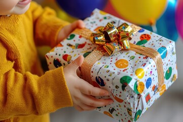 Fototapeta premium Child eagerly opens a colorful gift amid a festive atmosphere filled with balloons