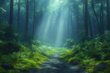Obraz premium Photo réaliste d’une forêt verdoyante, où des rayons de soleil filtrent à travers la canopée épaisse et illuminent un chemin sinueux recouvert de mousse, créant une ambiance paisible et naturelle