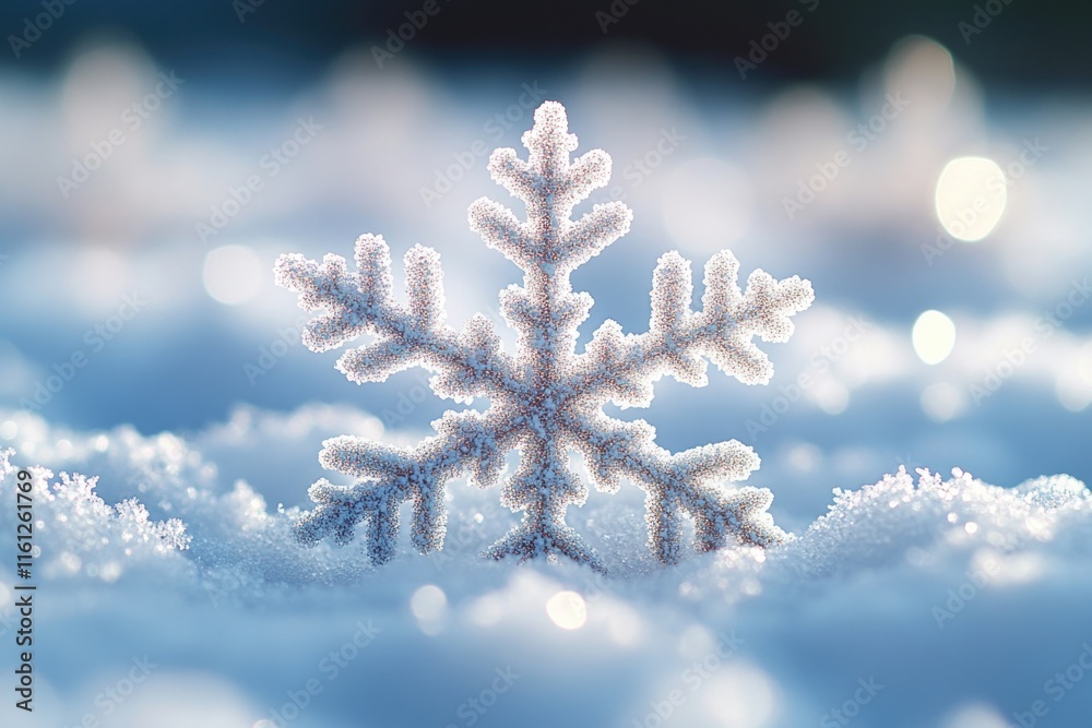 Poster a delicate snowflake sits on top of a snow-covered ground, perfect for winter-themed designs or seas