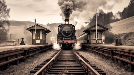 An old steam locomotive chugging along a rusty railway track surrounded by mist and vintage stations.