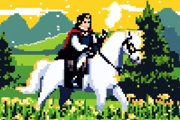 A playful 8-bit pixel art of a glowing pixelated prince riding a glowing horse through pixelated rolling hills, surrounded by sparkling grass and pixelated flowers, set on a pastel yellow and 
