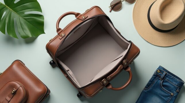 An open leather travel bag awaits packing alongside a beige hat, sunglasses, blue jeans, and a notebook on a light background