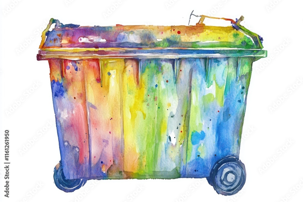 Poster a watercolor illustration of a trash can with a simple design and bright colors