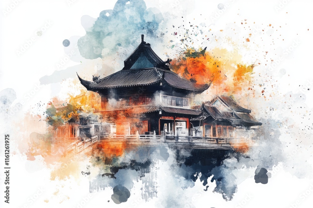 Poster watercolor illustration of a building on a white background, suitable for use in editorial or design