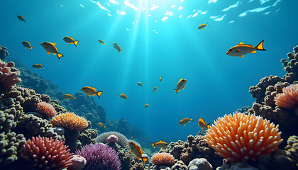 Obraz premium Underwater scene with coral reefs and colorful fish, highlighting the importance of marine conservation, copy space 