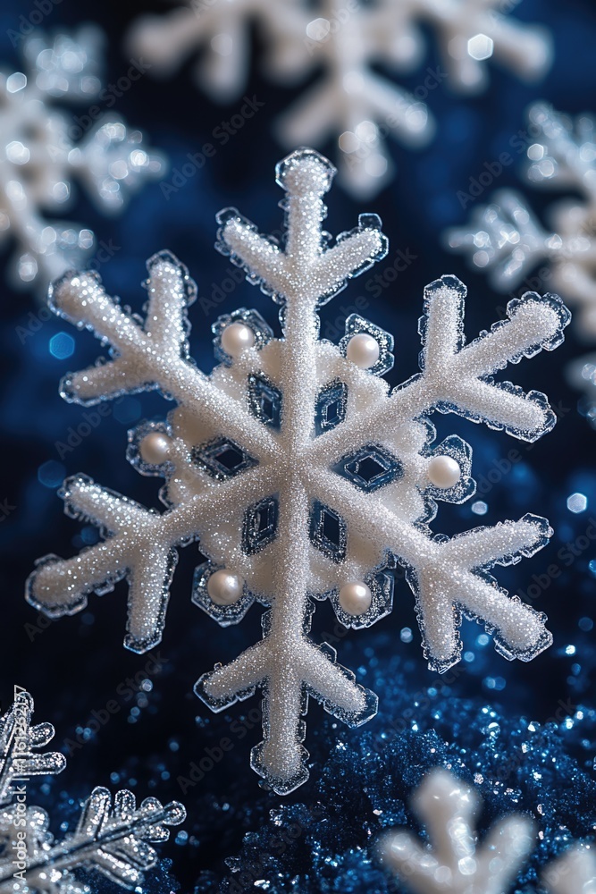 Poster a detailed image of a single snowflake against a blue background