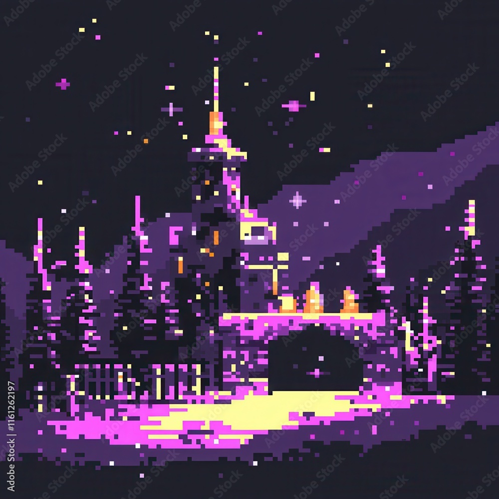 Wall mural A playful 8-bit pixel art of a glowing pixelated wizard’s tower surrounded by glowing runes, sparkling stars, and a tiny glowing dragon perched on its roof, set on a pastel navy and purple background.