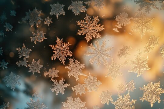 Close-up of snowflakes on a window during winter