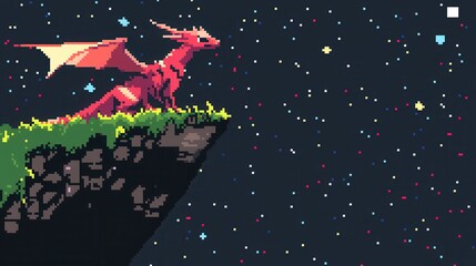 A vibrant 8-bit pixel art of a glowing pixelated dragon perched on a pixelated mountain peak, with glowing scales, sparkling eyes, and a pastel starry sky filled with pixelated constellations 