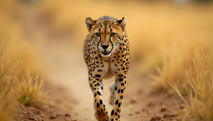 Fototapeta premium Cheetah walking towards the camera in a grassy habitat, symbolizing wildlife conservation and environmental protection, copy space