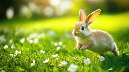 Obraz premium A cute rabbit hopping through a field of flowers in a sunlit meadow.