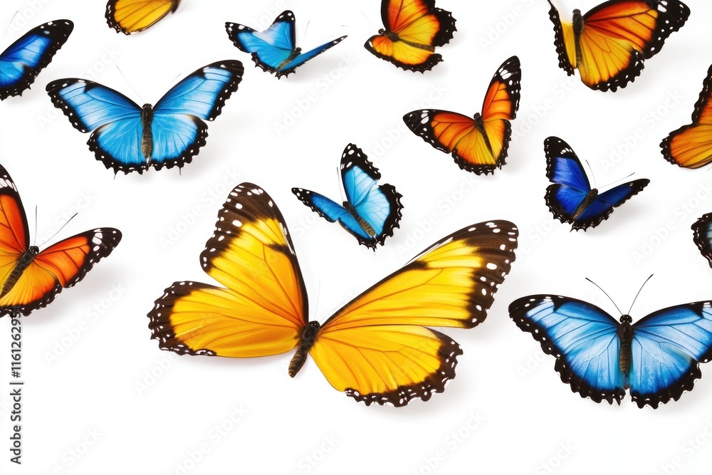 Poster a cluster of vibrant butterflies resting on a plain white background