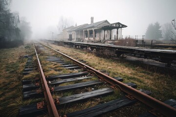 Rusty train tracks stretching through a foggy countryside, with an abandoned train station in the background